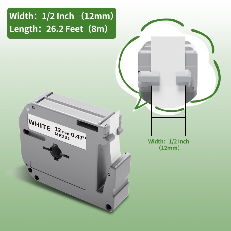 فريق عظيم استبدال عبوات شريط الملصقات Greateam PTM95 لشريط P-Touch M M-K231 Brother Tape 12 مم 0.47 بوصة أبيض M231 MK231 MK-231 متوافق مع P-Touch PT70 PT80 PT65 PT70BM PT90 PT45 صانع الملصقات 5 عبوات - Image 3